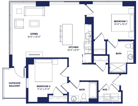 Floor plan for 2 beds, 2 baths, 1058 sqft